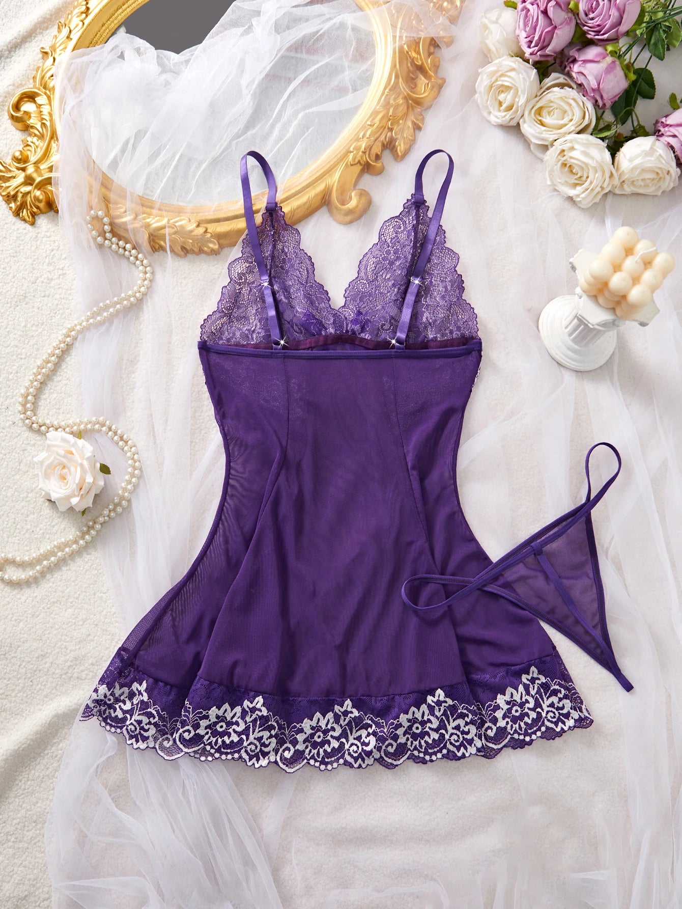 See-Through Lace Lingerie Set — Crotchless Sleepwear & Nightwear