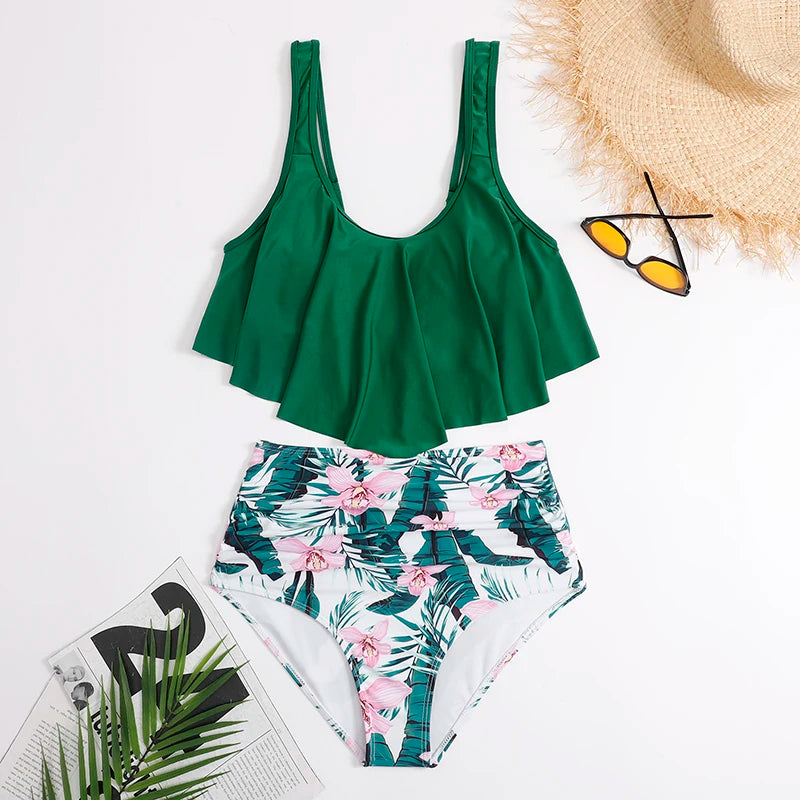 Swimwear Ruffles Women Suits Two Piece Sets Printed Beachwear High Waist Bikini Set Bottoms Push Up Tankini Swimsuits Wo