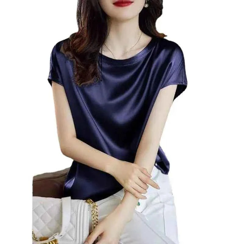 Summer Raglan Sleeve Faux Silk Satin Blouse Women Elegant Office OL Tops Loose Fit T-Shirts Basic Blusas Female Tunic Oversized