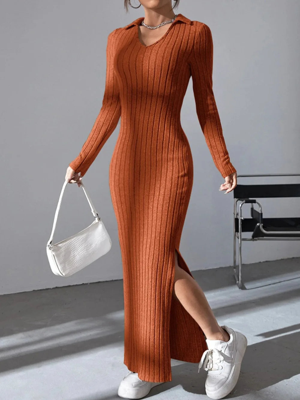 Knit Lapel Bodycon Dress — Long Sleeve Slim Solid Color Tight Skirt