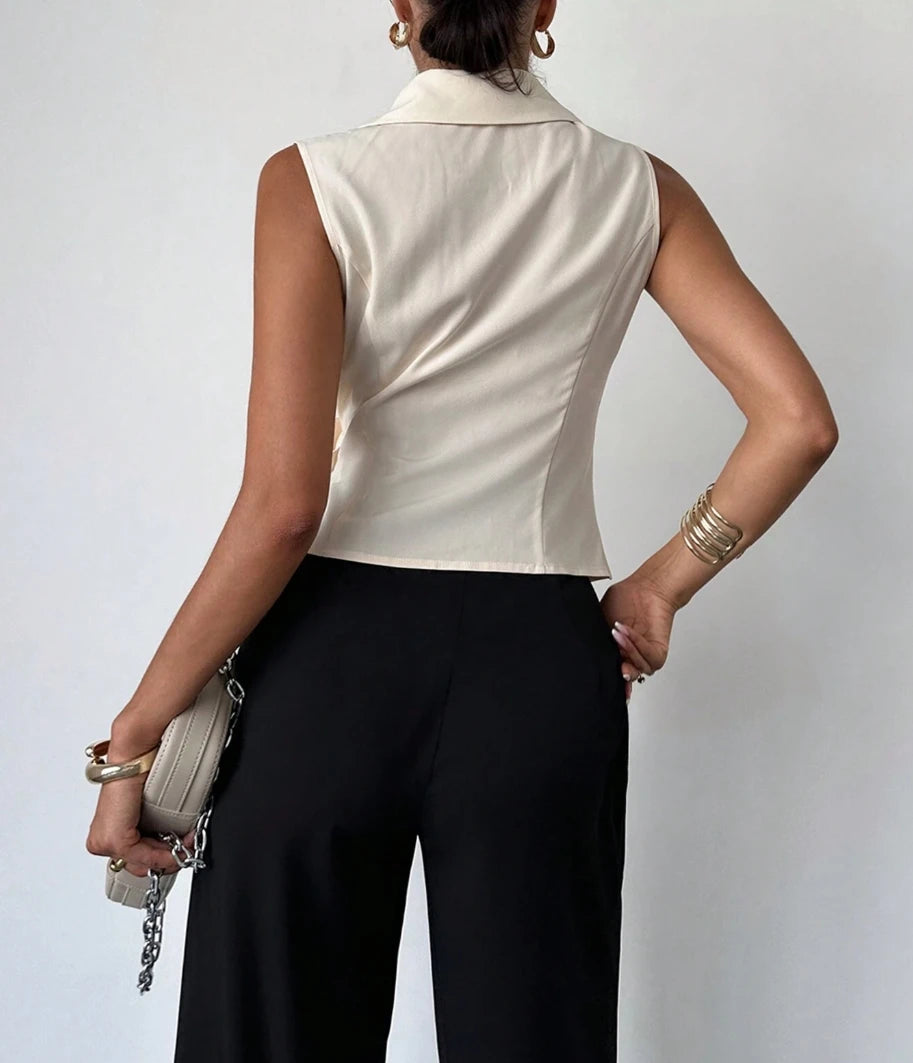 Beige V-Neck Waist-Belt Shirt, Slim Fit