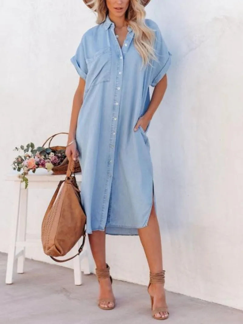 Shirt Dress with Slit — Casual Loose Short Sleeve Button-Up Dress