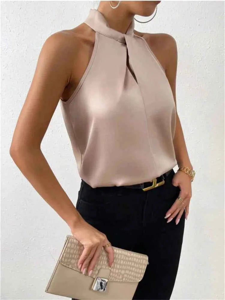 Women's Satin Sleeveless Blouse – Elegant Stand Collar Top
