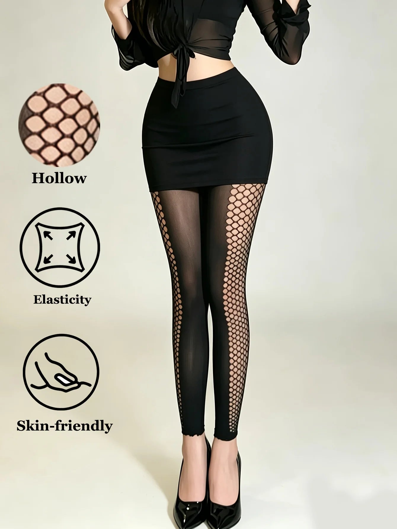 Women's Side Hollow Fishnet Tights – Ankle-Length Sheer Mesh Pantyhose