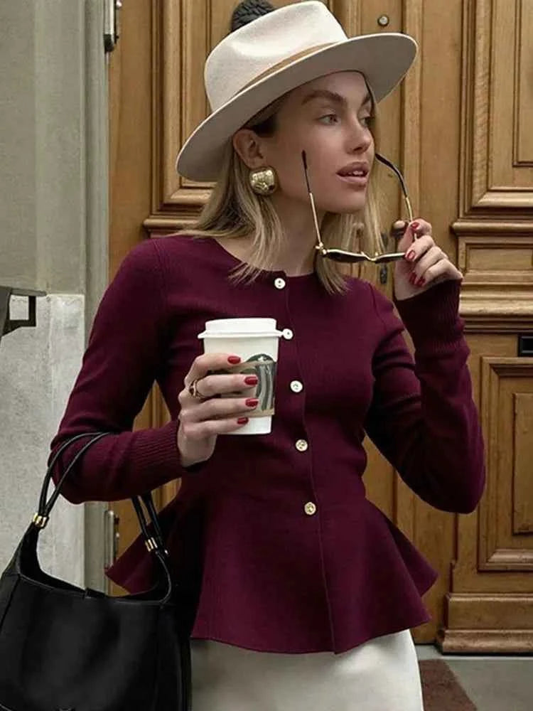Women Elegant Solid Round Neck Pullover Lady Chic Full Sleeve Single Breasted Slim Knitted Sweater Women Commute Street Sweaters