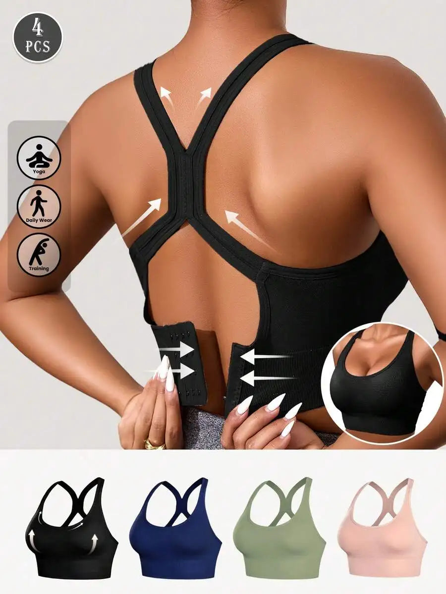 4pcs/Set Women's Seamless Shock-Absorbing Sports Bras, Lightweight & Breathable, Suitable For Yoga & Light Exercises, Beautiful