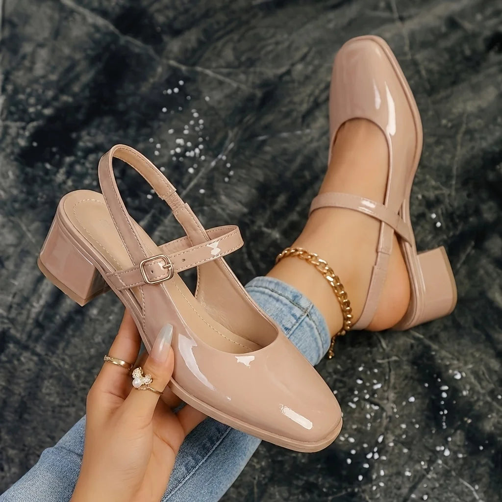Women's Patent Leather Slingback Mary Jane Pumps | Block Heel Ankle Strap Dress Shoes