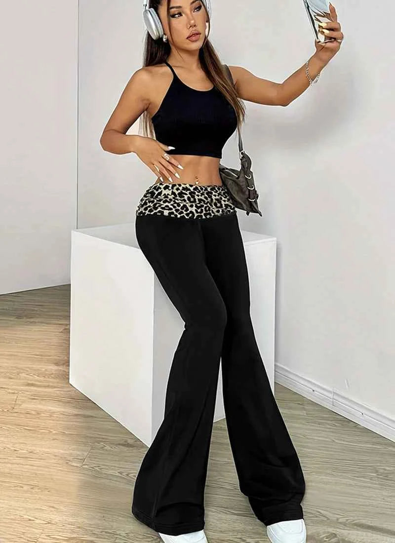 Fashion Leopard Patchwork Flared Leggings Women American Casual Sports Tights Woman Spring Autumn Thin Breathable Wide Leg Pants