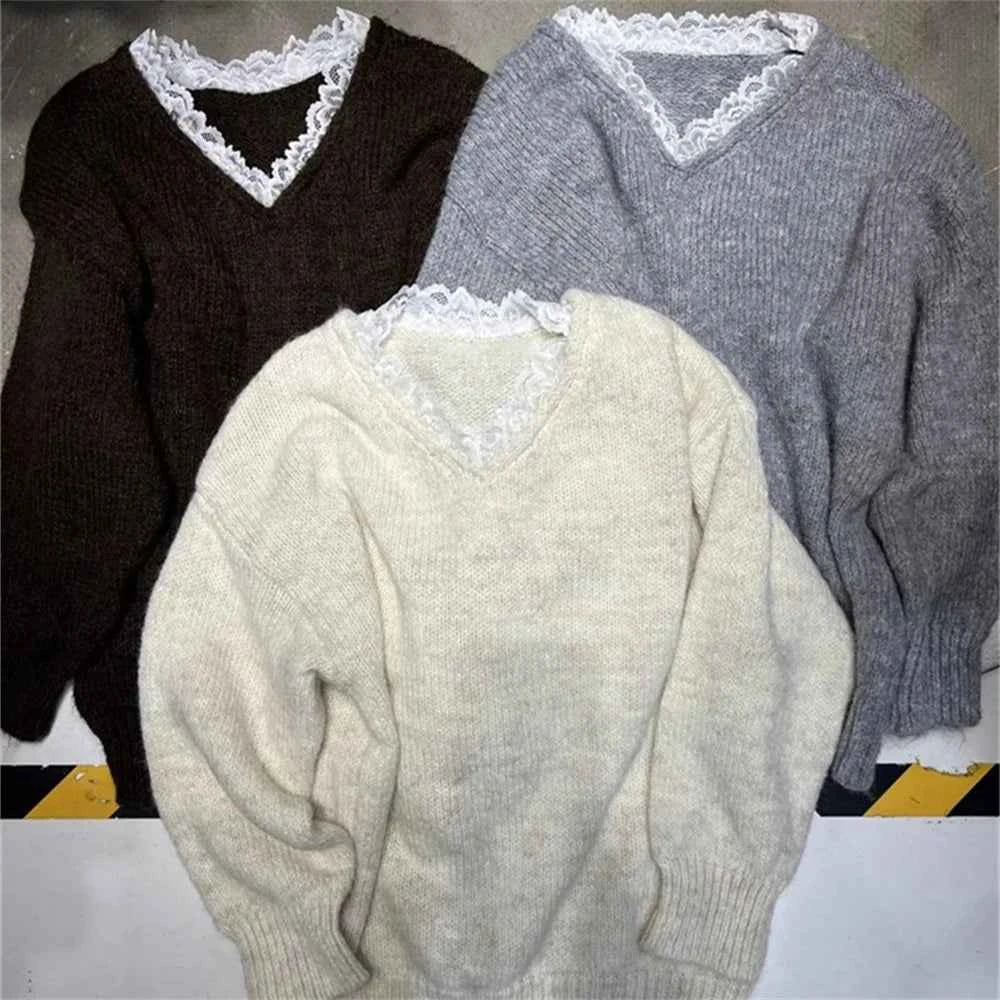 Spring Autumn Solid Women's Knitted Sweater V-Neck Patchwork Lace Collar Long Sleeved Pullover Casual Loose Tops Female Clothes