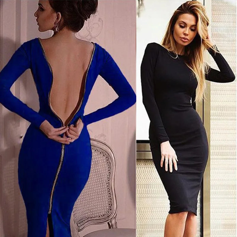 Plus Size Bodycon Dress — Long Sleeve Round Neck Zipper Tight Dress