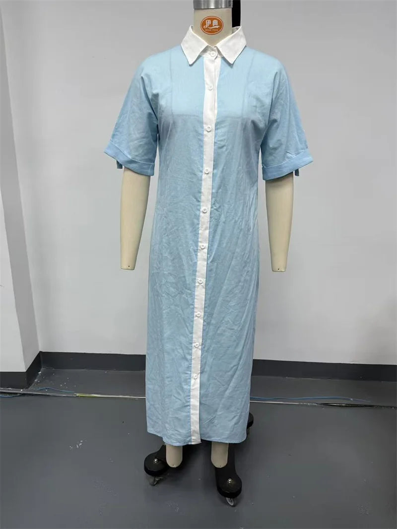 Women Comfortable Casual Cotton Linen Dresses Summer Contrasting Loose Maxi Shirt Dress Female Turndown Collar Short Sleeve Gown