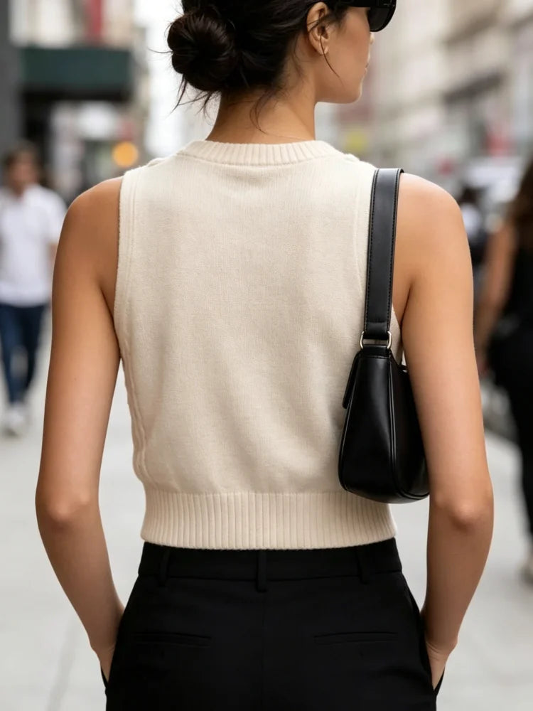 Women's Cable Knit Crop Top – Sleeveless Ribbed Vest in Ivory