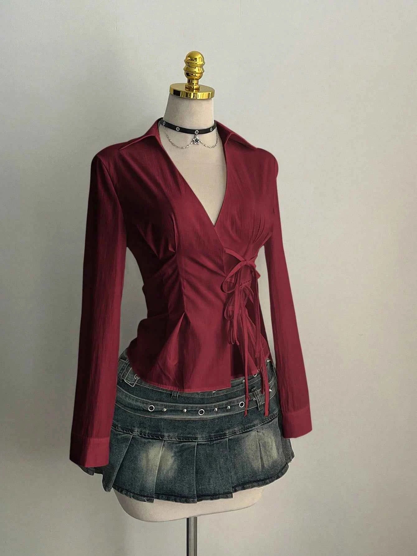 Women's Casual Side Strap Slim Fit Long Sleeve Shirt Sexy V-Neck Pleating Top Spring/Fall 2026