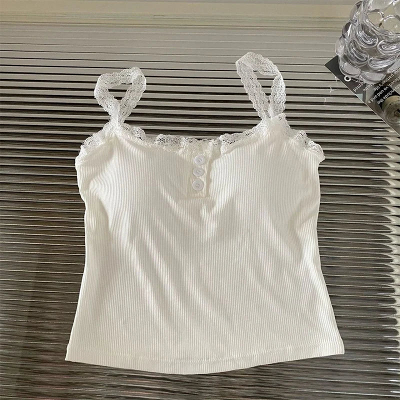 Women Summer 2025 Lace Fashion Tank Top Female Korean Style V Neck Sleeveless Sexy Blouse Cropped Knitwear
