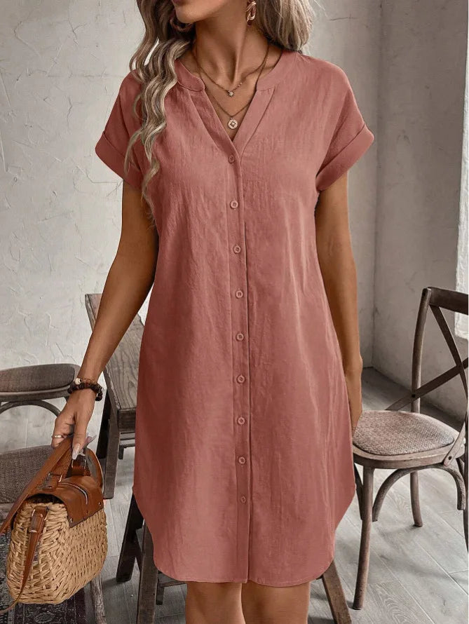Women Casual Blouse Dress Simple V Neck Button Linen Dress Pockets Loose Large Size Shirt Dress Plus Size Womens Dresses
