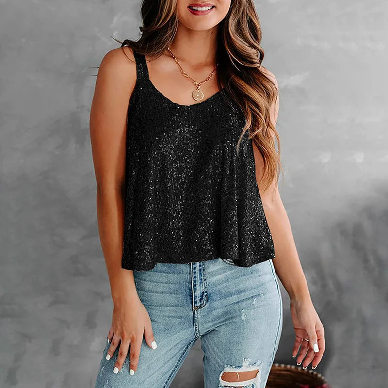 2024 Spring Summer Women's New Sleeveless Glitter Vest Club Evening Party Women's Party Casual Sleeveless Top Strap Vest