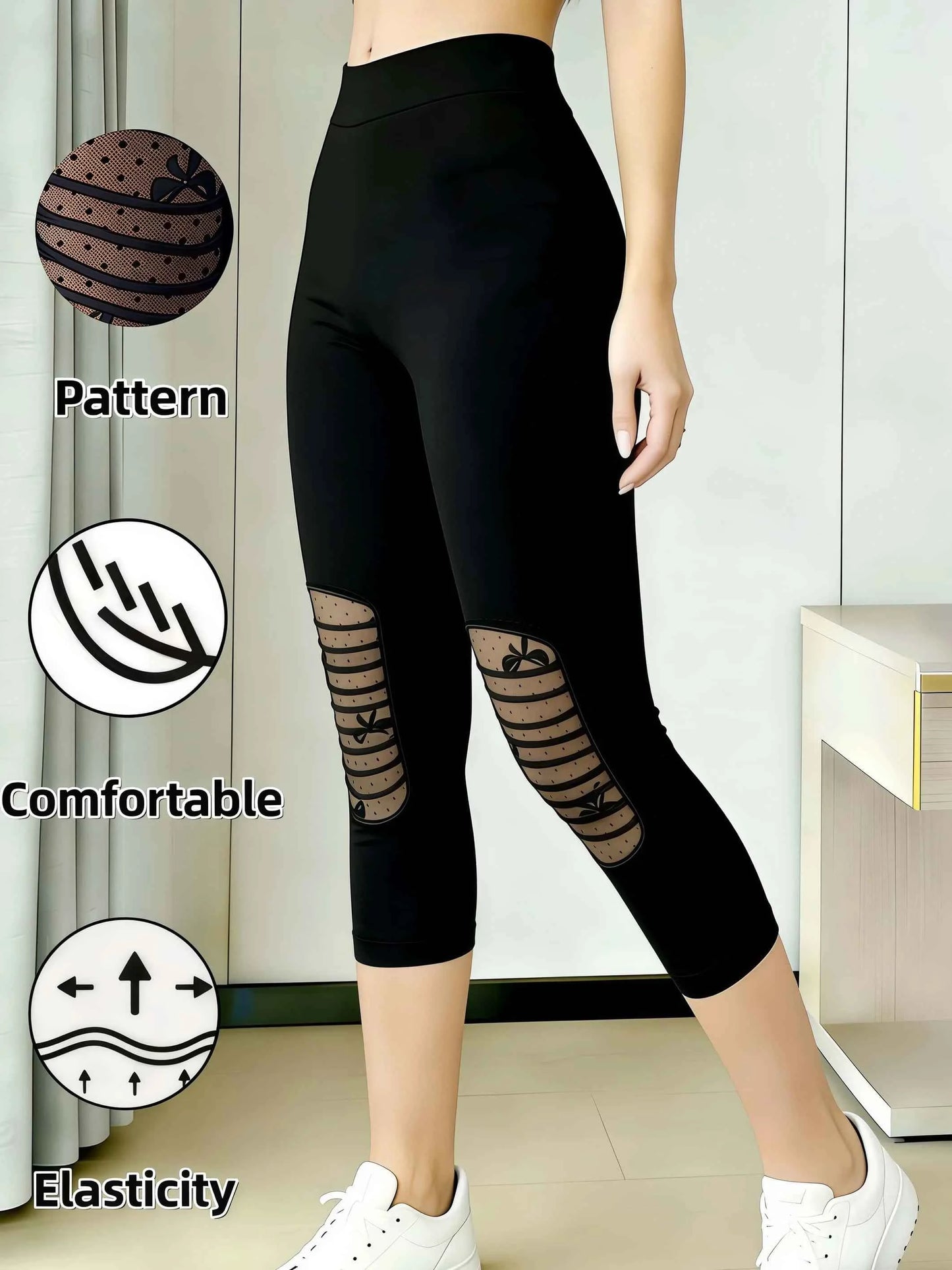 Women's Fashion Polka Dot Mesh Patchwork Capri Leggings High Waist Stretchable Comfortable Breathable Slimming Perfect for Daily