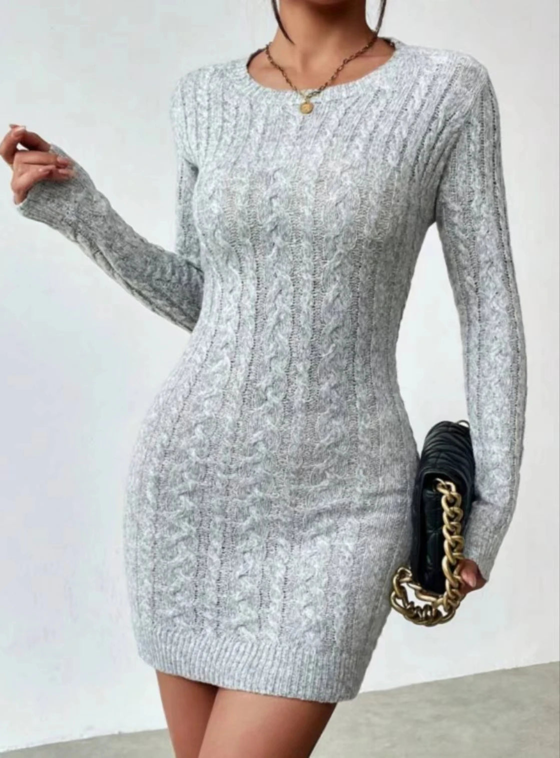Slim Knit Crew Neck Mini Dress — Autumn Winter Bodycon Base Dress