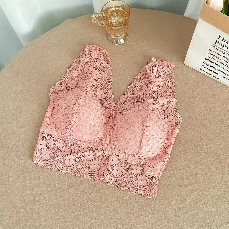 Floral Lace Bralette Camisole – Wire-Free Padded Deep V Crop Top for Women