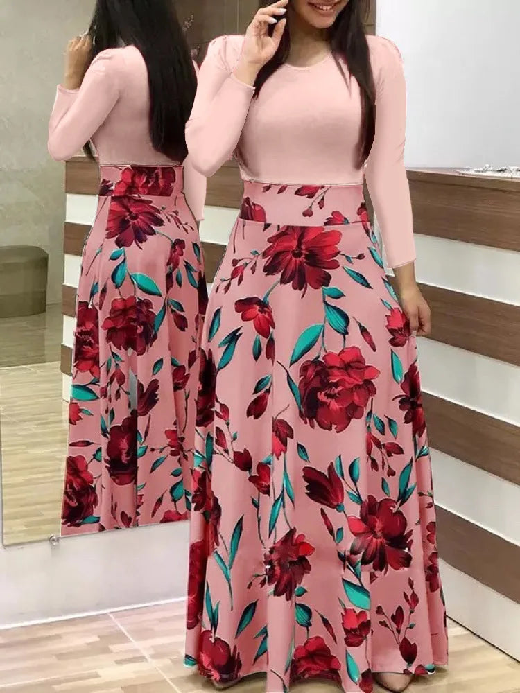 Floral Print Swing Dress — Short Sleeve Color Block Midi Skirt
