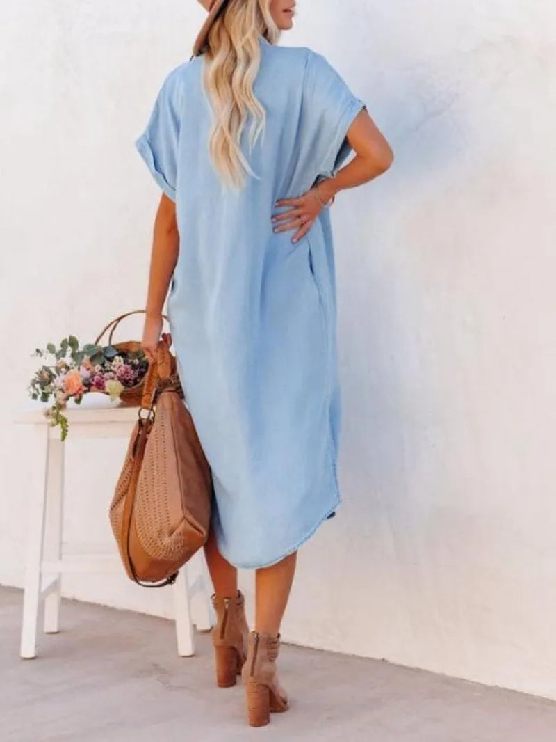 Shirt Dress with Slit — Casual Loose Short Sleeve Button-Up Dress