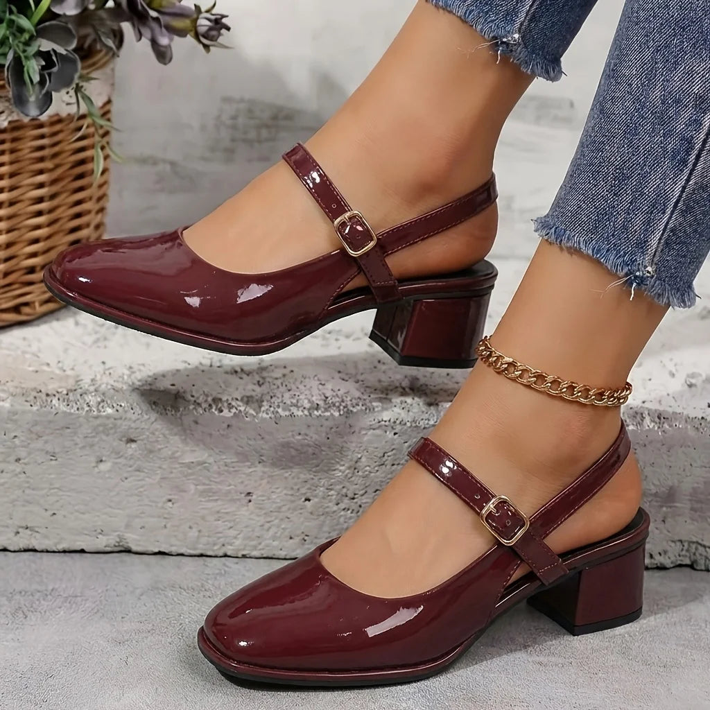 Women's Patent Leather Slingback Mary Jane Pumps | Block Heel Ankle Strap Dress Shoes