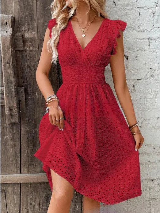 Lotus Leaf Sleeve Elegant Dress — Colorful Casual Commuter Summer Dress