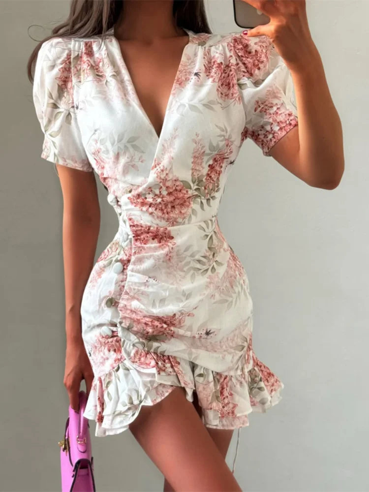 Floral V-Neck Ruffle Dress — Cinched Waist Layered Short Sleeve Dress
