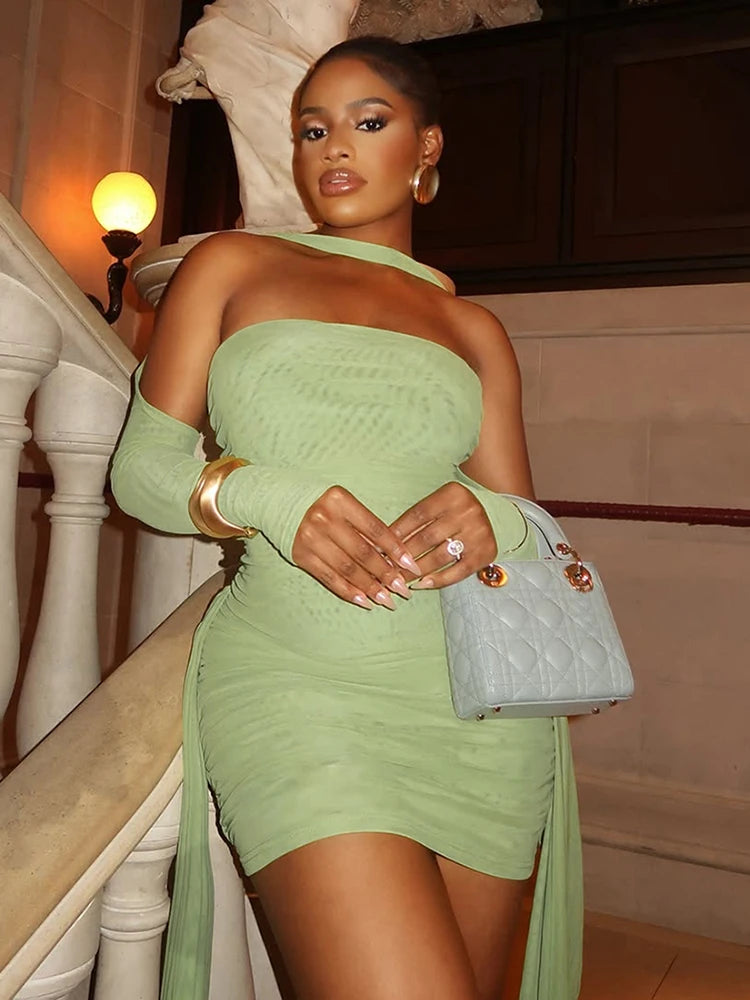 Strapless Mesh Mini Dress — Tassel Ribbon Body-Shaping Party Dress