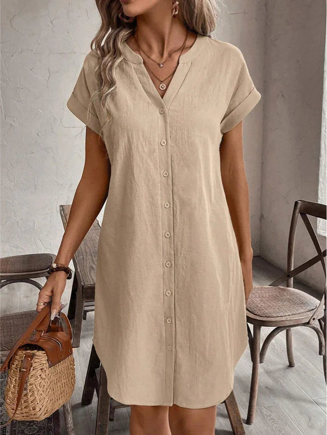 Women Casual Blouse Dress Simple V Neck Button Linen Dress Pockets Loose Large Size Shirt Dress Plus Size Womens Dresses