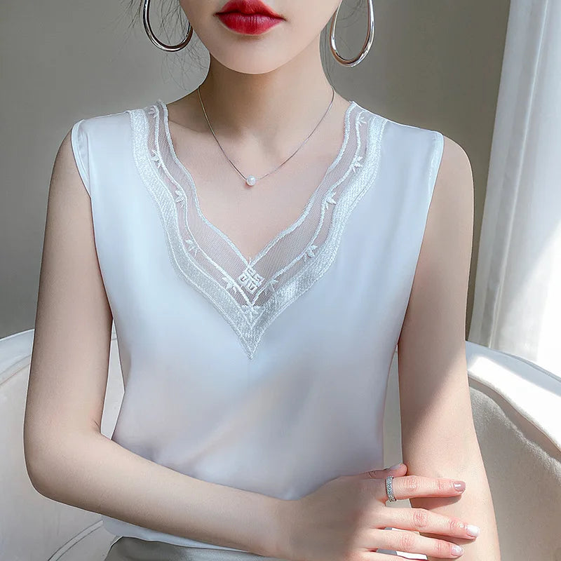 new woman clothing vest camis Tank top women's suit bottom lace lining 2024 summer new silk satin sleeveless top suspender vests