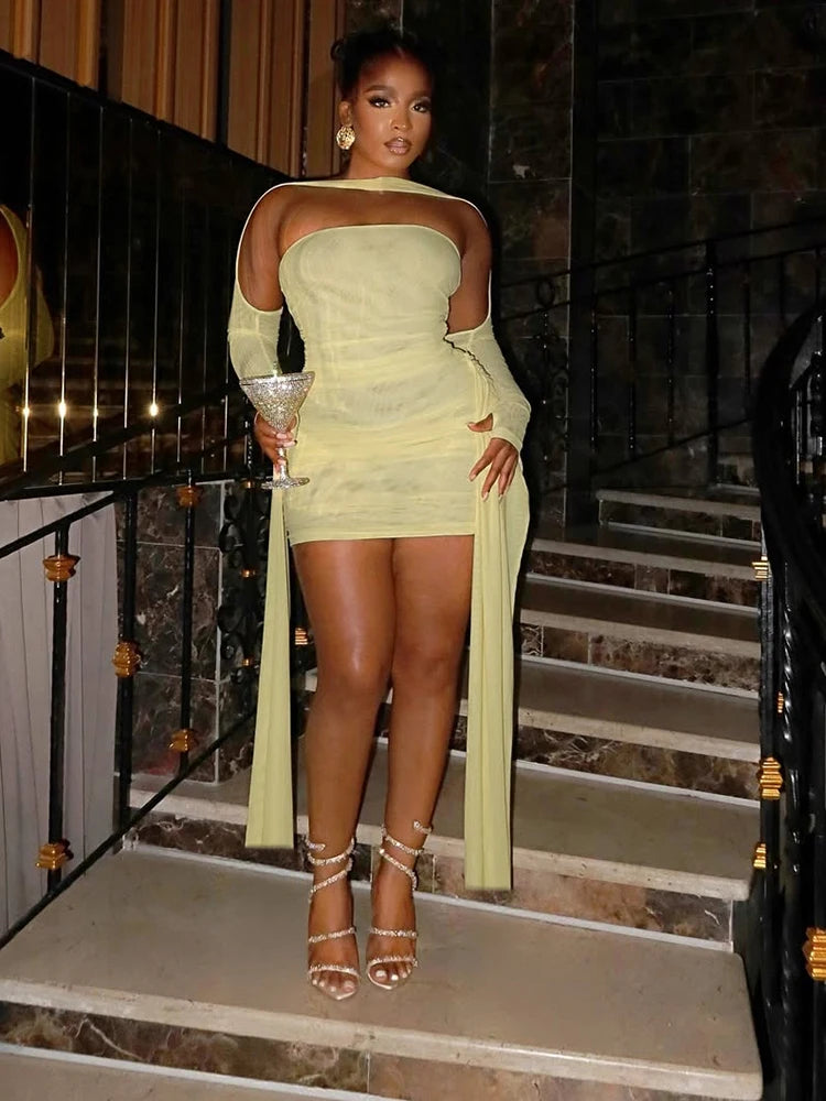 Strapless Mesh Mini Dress — Tassel Ribbon Body-Shaping Party Dress