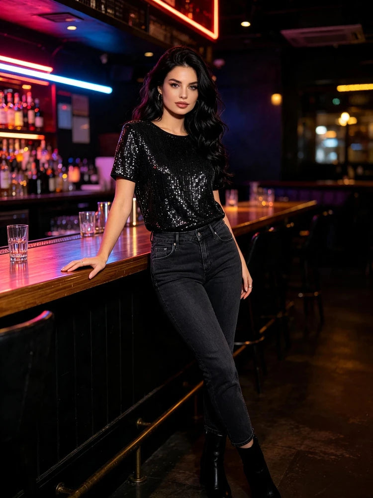 Women's Black Sequin Short Sleeve Top | Glitter Party Tee