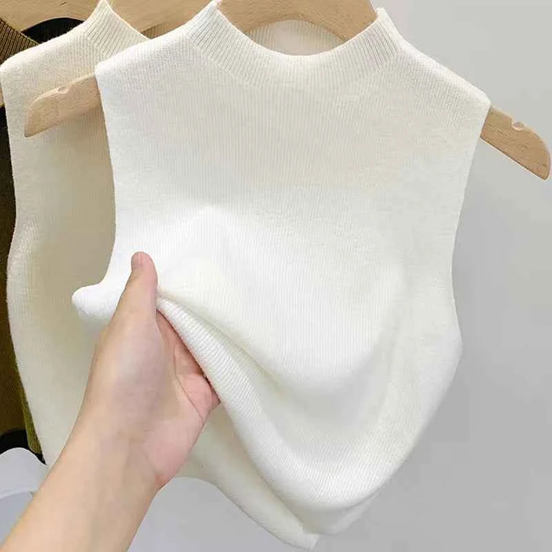 1PC Fashion Half Turtleneck Knitted Tank Top Summer Women Casual Solid Color Sleeveless Vest
