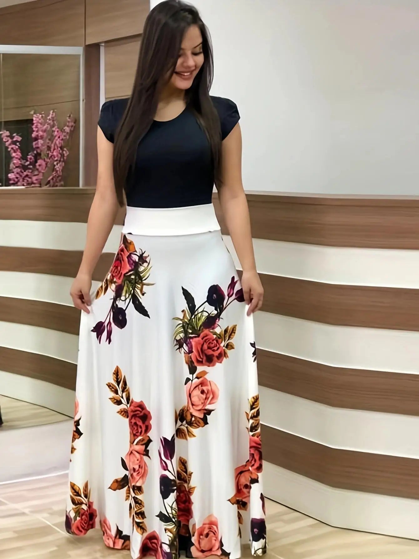 Floral Print Swing Dress — Short Sleeve Color Block Midi Skirt