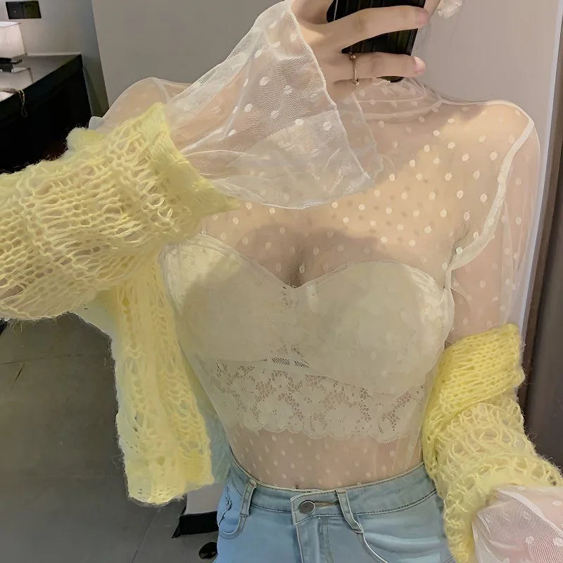 Women's Sheer Lace Mesh Blouse | Long Sleeve See-Through Turtleneck Top