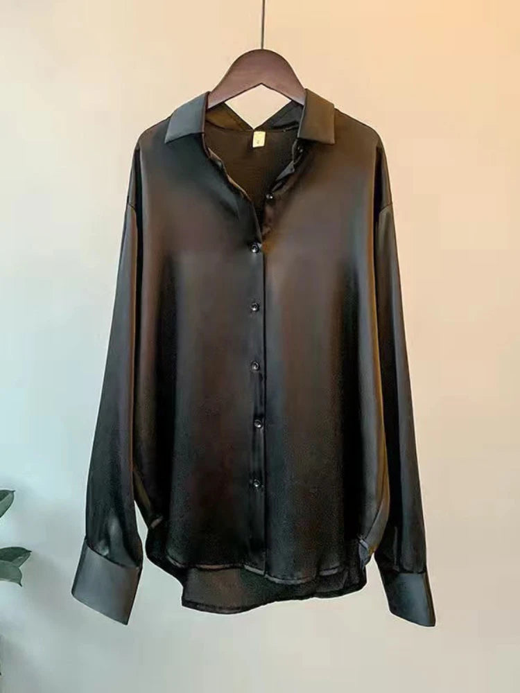 Casual Office Lady Silk Blouses Autumn Long Sleeve Button Up Shirt Women Elegant Winter Tops  Office Lady Acetate Blouse