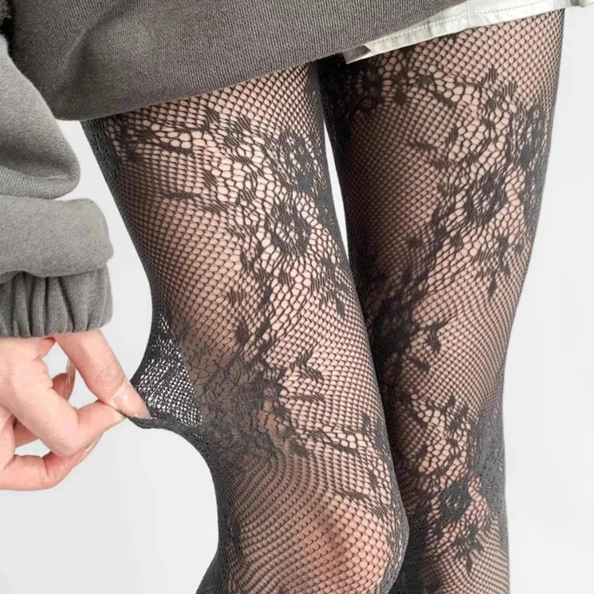 Floral Mesh Thigh-High Stockings – Lace Fishnet Pantyhose for Women