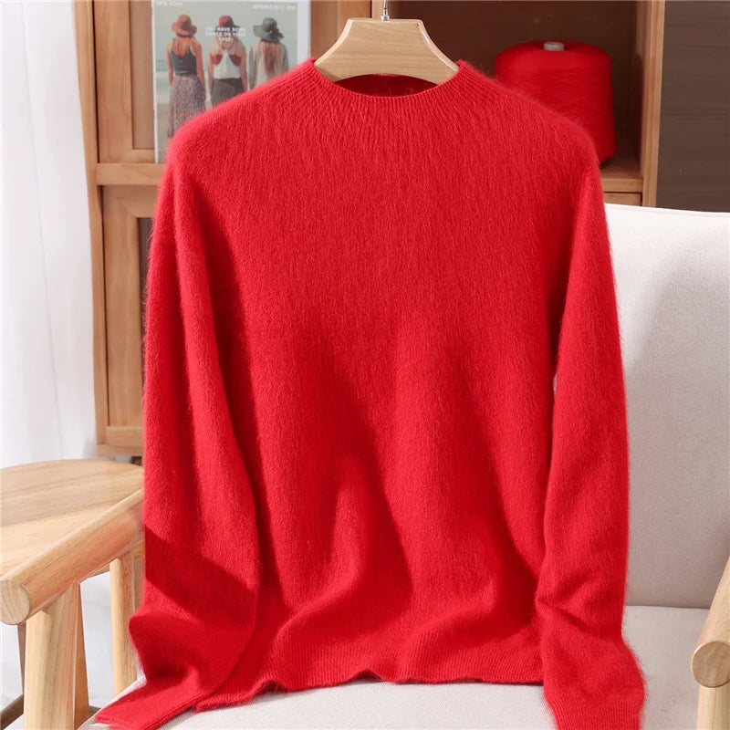 Autumn Winter New Mink Cashmere Sweater Women's Half-Height Color Matching Knitted Pullover Casual Padded Wool Bottoming Coat