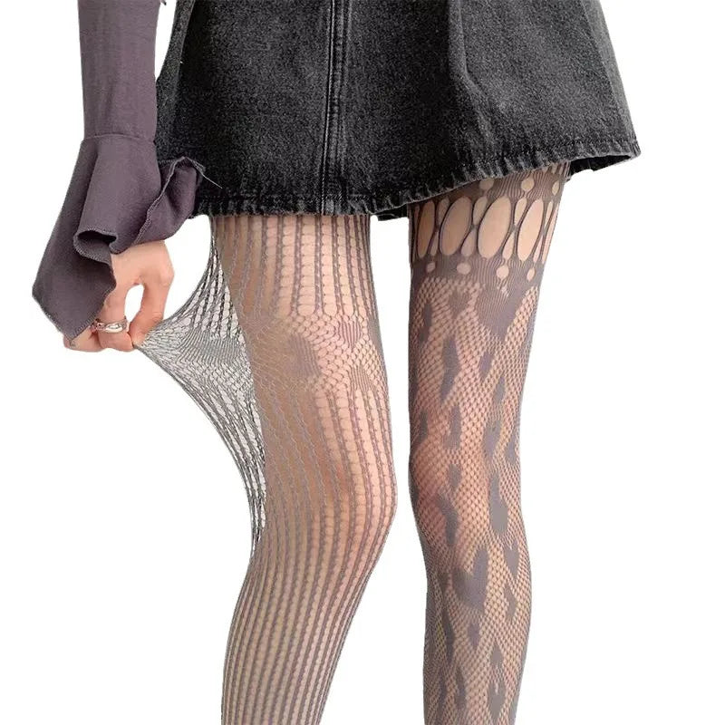 Heart Hollow Fishnet Pantyhose — Y2K Lace Mesh Tights & Body Stockings