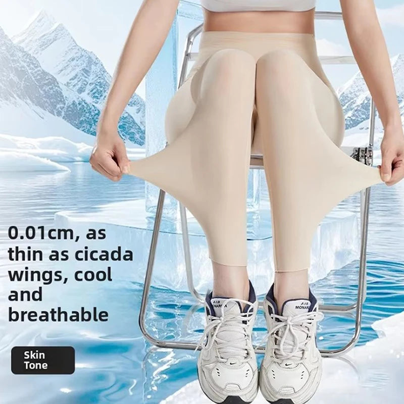 Summer Sunscreen High Waist Leggings Women Silky Ice Cooling 4-Way Stretch Capri Trousers Tummy Control Yoga Pants