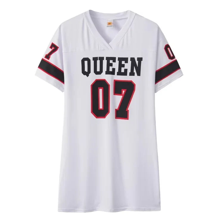 V-Neck Letter Print Mini Dress — Sporty Short Sleeve Streetwear