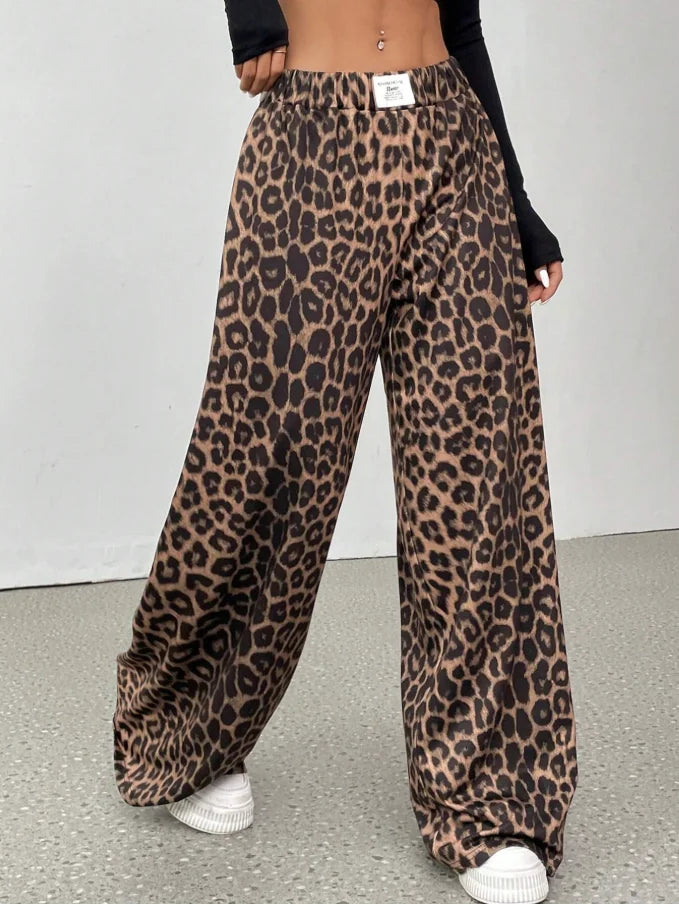 Women Leopard Print Wide Leg Pants Elastic High Waist Loose Casual Trousers Streetwear Y2K Fashion Long Palazzo Pants