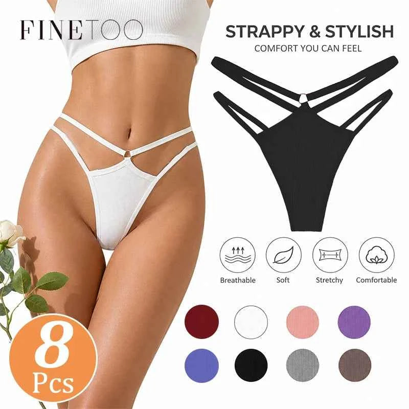 8-Pack Women's Strappy Ribbed Thongs | Low-Rise G-String Panties Set