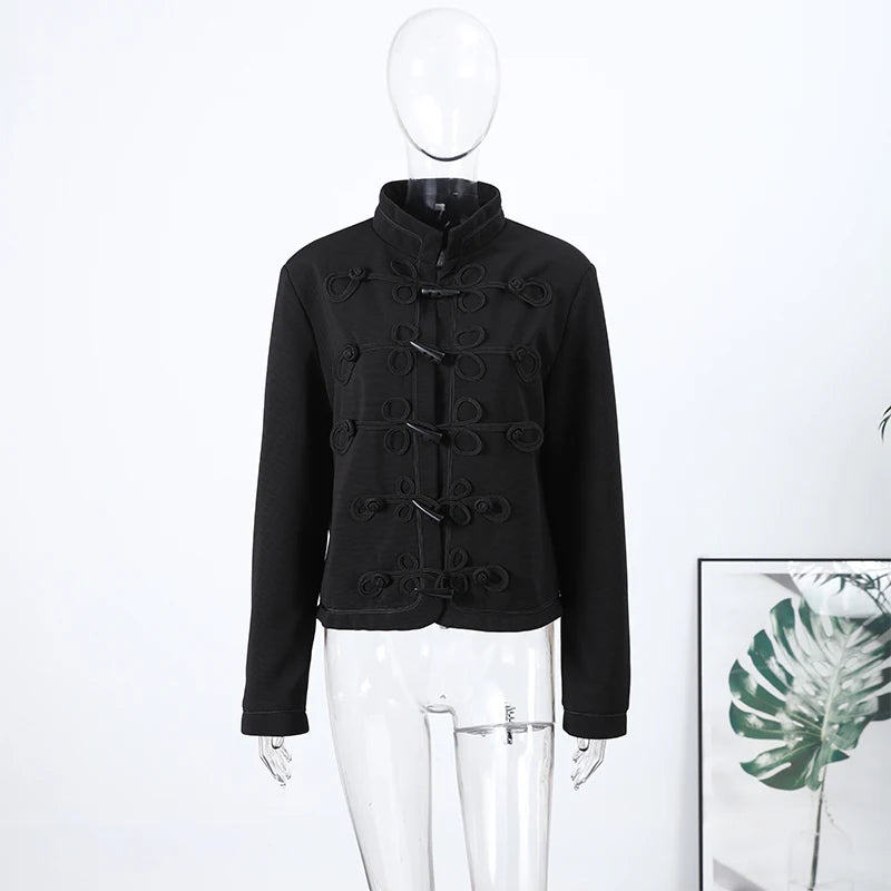 Retro Horn Button Black Jacket For Women Elegant Long Sleeve Stand Collar Coat 2026 Spring New Chic Lady Street Casual Outerwear