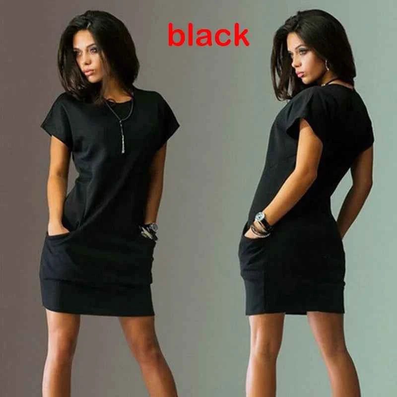 Women's A-Line Mini Dress – Solid Color Short Sleeve O-Neck with Pockets