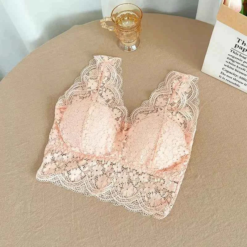 Floral Lace Bralette Camisole – Wire-Free Padded Deep V Crop Top for Women