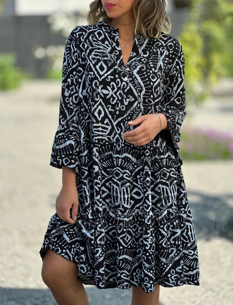 Women Casual Print Dress Fashion V Neck Pullover Loose Dresses Robe Femme Holiday Beach Dresses Lady Summer Womens Clothing New