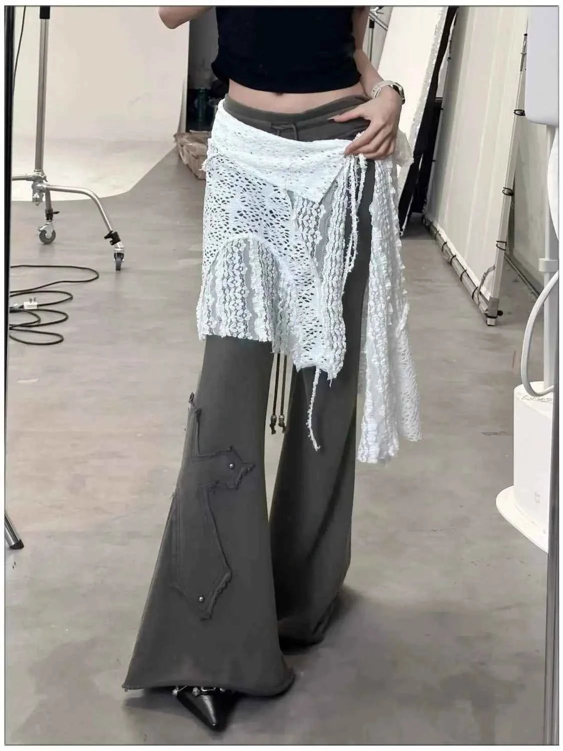Hollow Out Irregular Lace Skirts Chic Lace-up Design Stacked Layered Feeling Mesh Apron Vintage Women Y2k White Jacquard