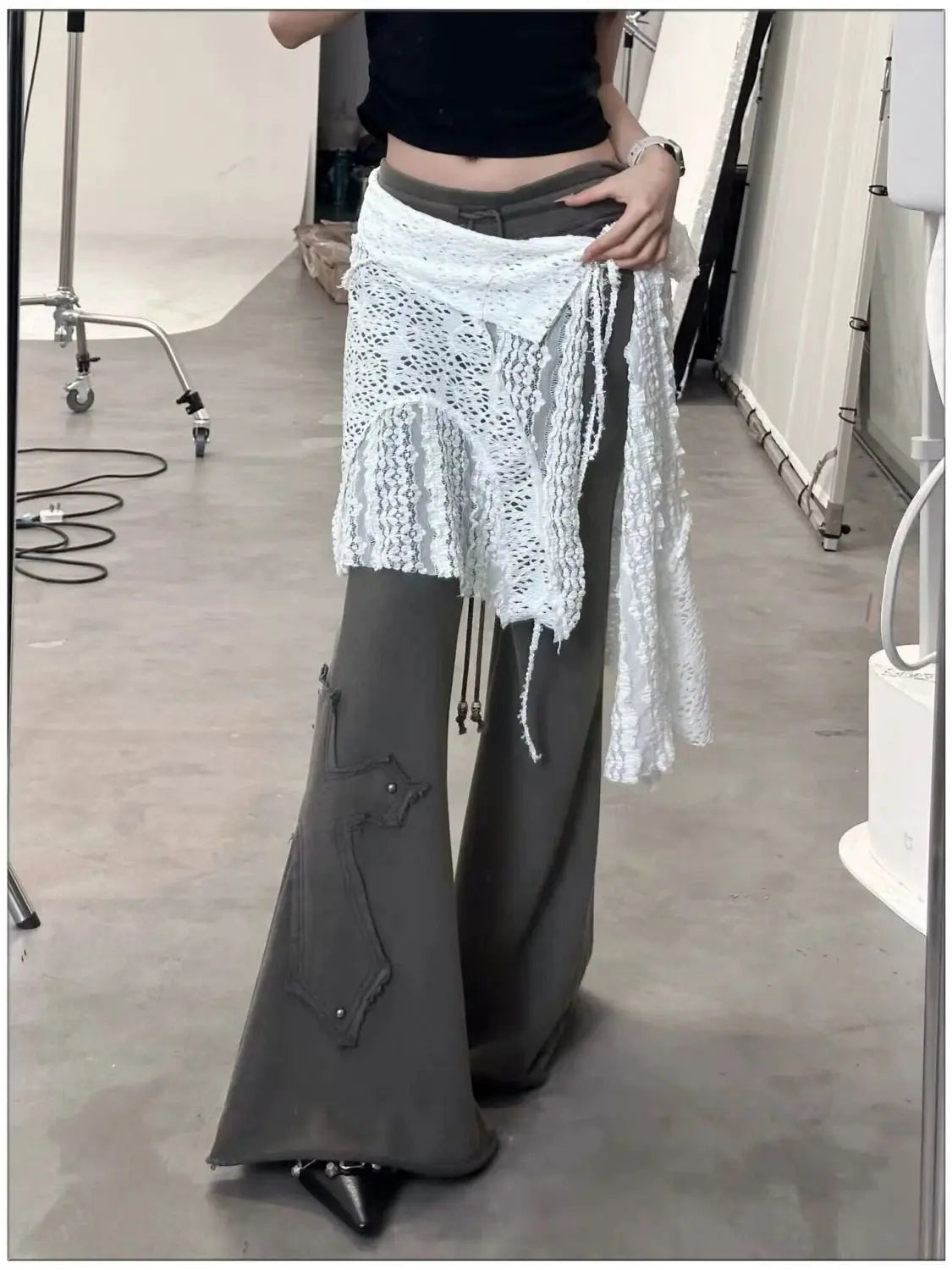 Hollow Out Irregular Lace Skirts Chic Lace-up Design Stacked Layered Feeling Mesh Apron Vintage Women Y2k White Jacquard